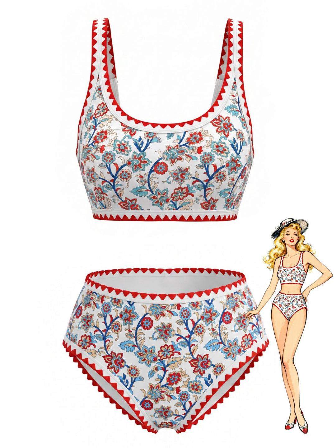 Red Floral Zigzag Trim U-Neck Tankini Set - vintage fashion, retro style for vintage lovers