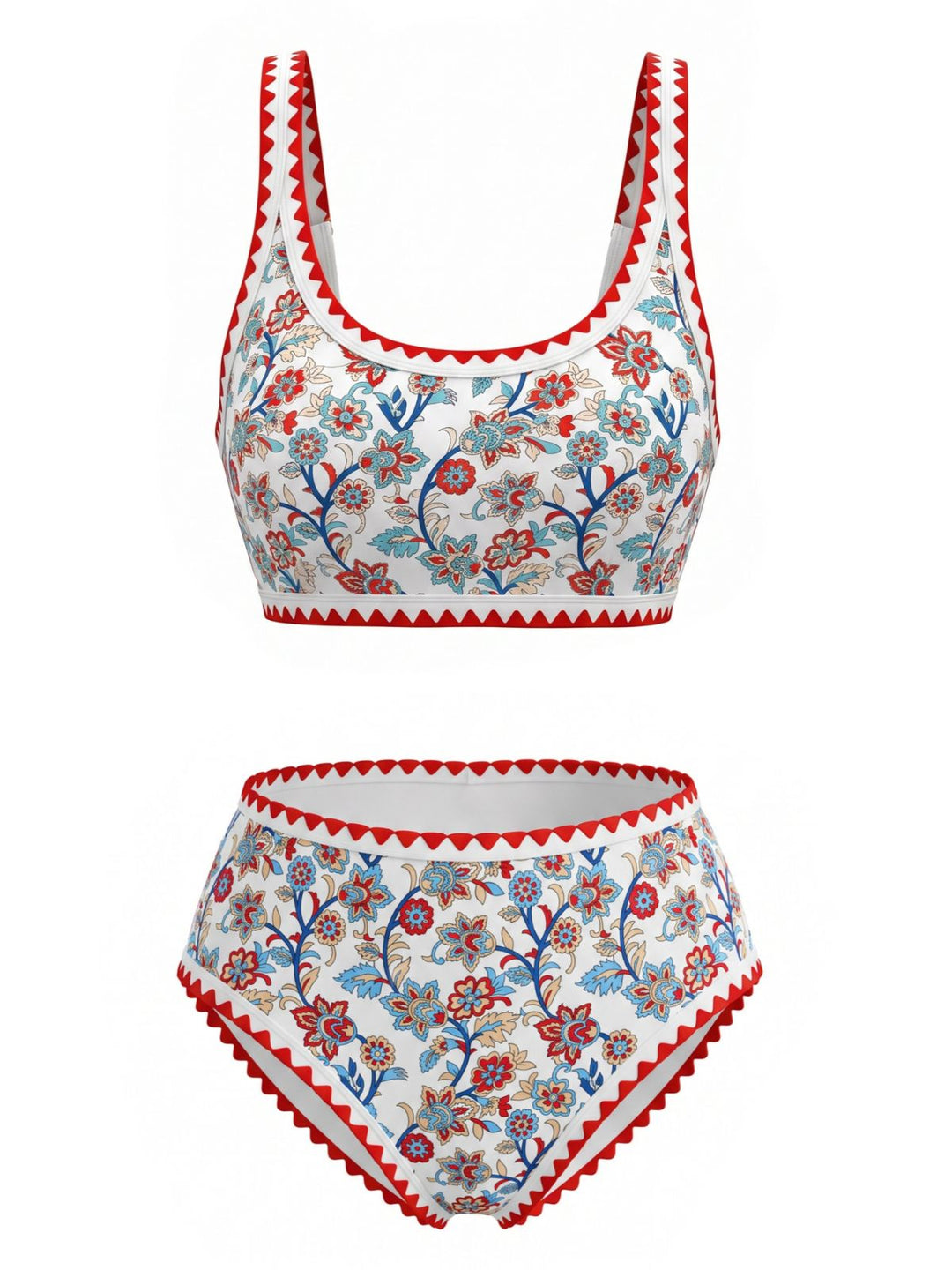 Red Floral Zigzag Trim U-Neck Tankini Set - vintage fashion, retro style for vintage lovers