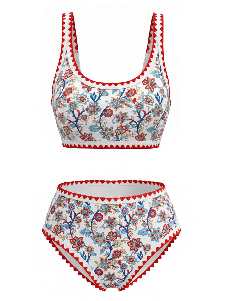 Red Floral Zigzag Trim U-Neck Tankini Set - vintage fashion, retro style for vintage lovers