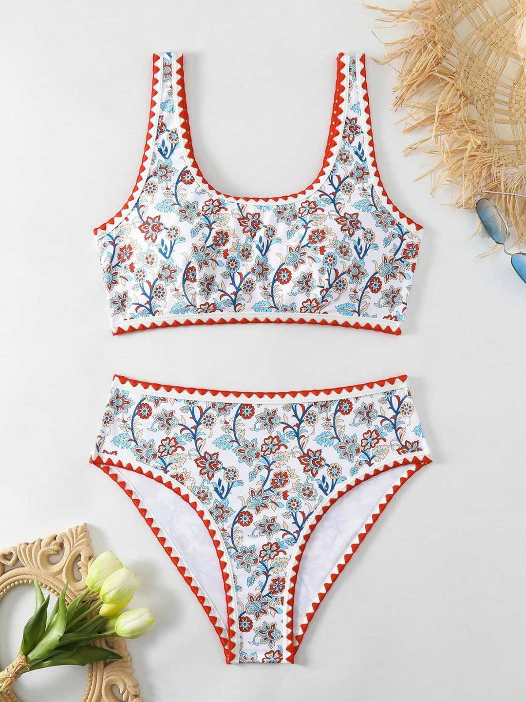 Red Floral Zigzag Trim U-Neck Tankini Set - vintage fashion, retro style for vintage lovers