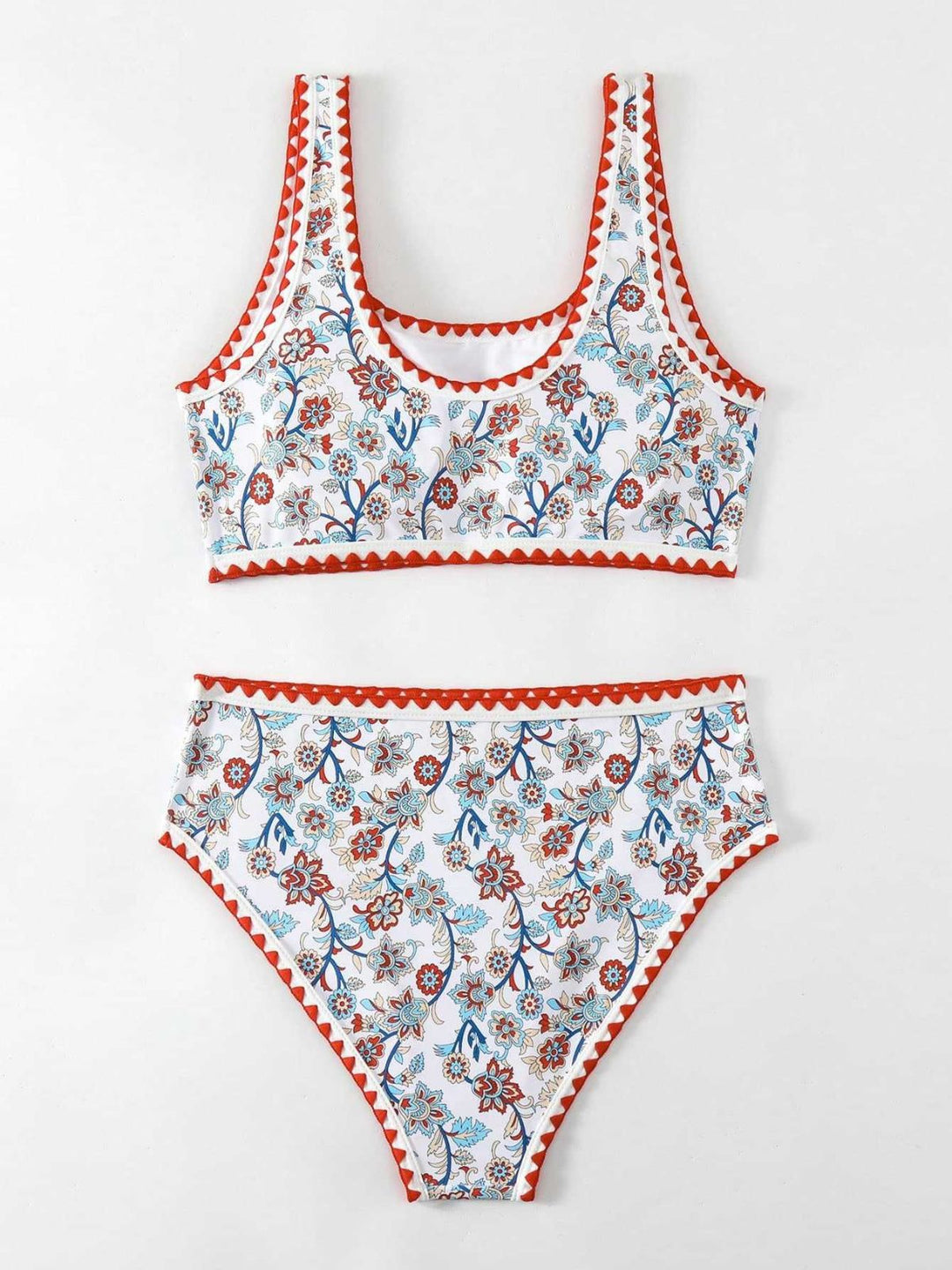 Red Floral Zigzag Trim U-Neck Tankini Set - vintage fashion, retro style for vintage lovers