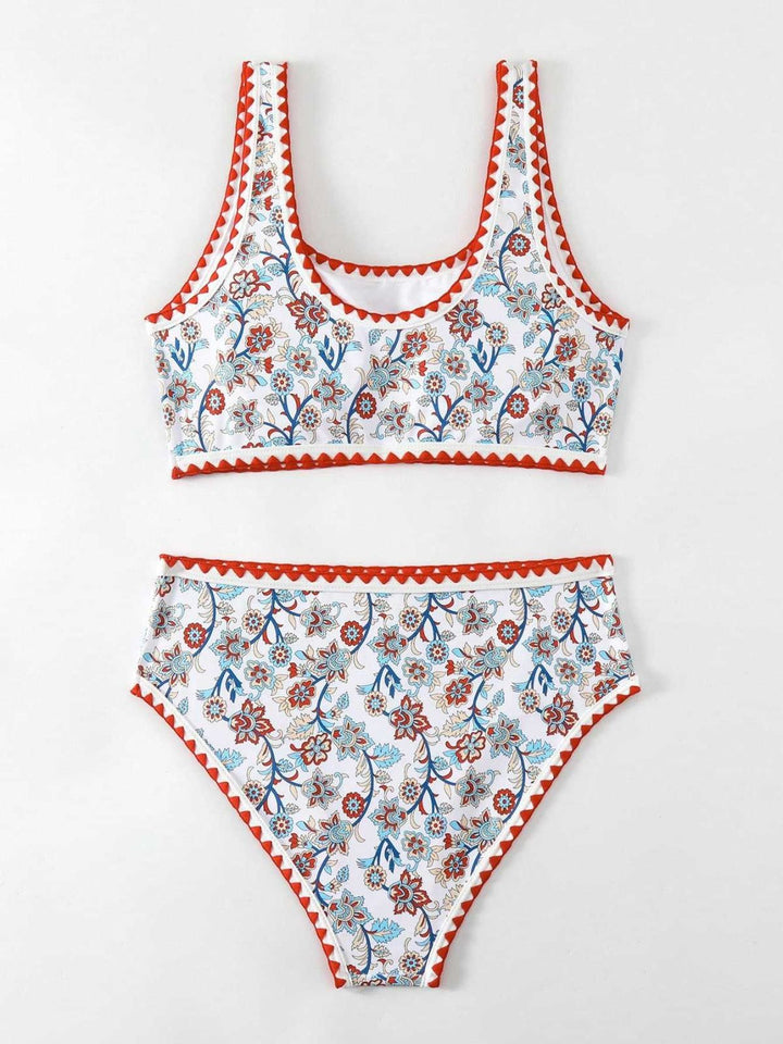 Red Floral Zigzag Trim U-Neck Tankini Set - vintage fashion, retro style for vintage lovers