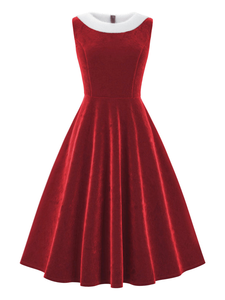 Red 1950s Fur Collar Patchwork Velvet Dress, vintage dress, retro fashion, rockabilly, pin-up fashion - perfect for women who love vintage and retro fashion