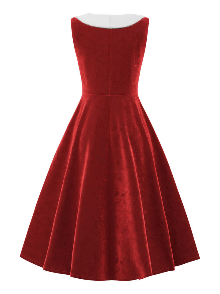 Red 1950s Fur Collar Patchwork Velvet Dress: where 1950s romance meets her modern spirit