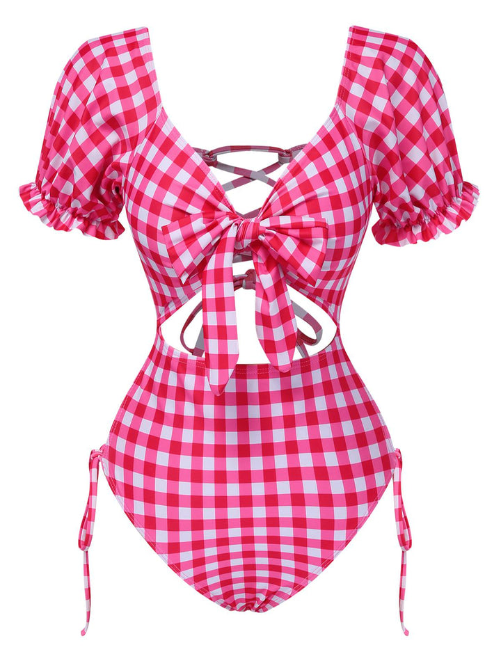 1950s Gingham Plaid Hollow Puff | 1950s | vintage swimsuit, retro beachwear