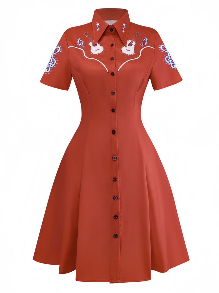 Red 1950s Guitar &amp; Notes Lapel Dress - vintage dress, retro fashion, rockabilly