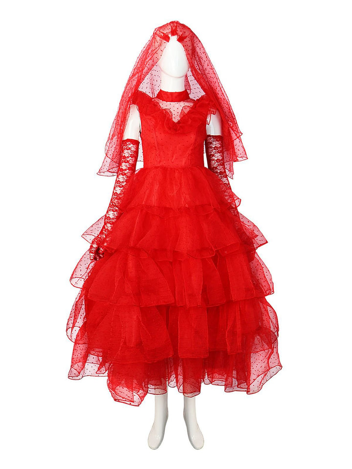 Red 1950s Halloween Ghost Bride Dots Dress Set - vintage dress, retro fashion, rockabilly