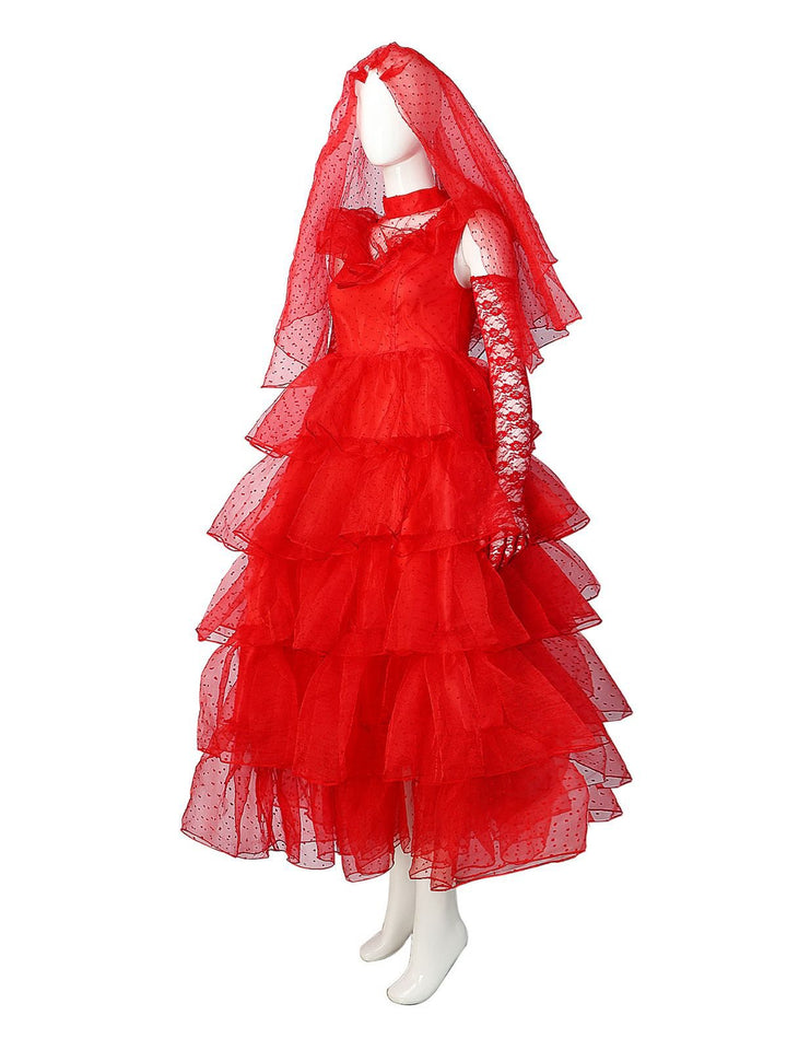 Red 1950s Halloween Ghost Bride Dots Dress Set - vintage dress, retro fashion, rockabilly