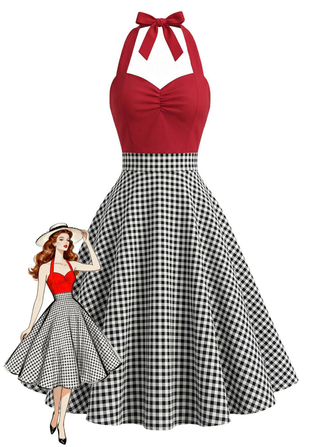 Red 1950s Halter Black &amp; White Gingham Plaid Dress, vintage dress, retro fashion, rockabilly, pin-up fashion - perfect for women who love vintage and retro fashion
