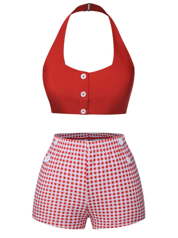 Red 1950s Halter Plaids Swimsuit: 1950s Riviera elegance, reimagined for her