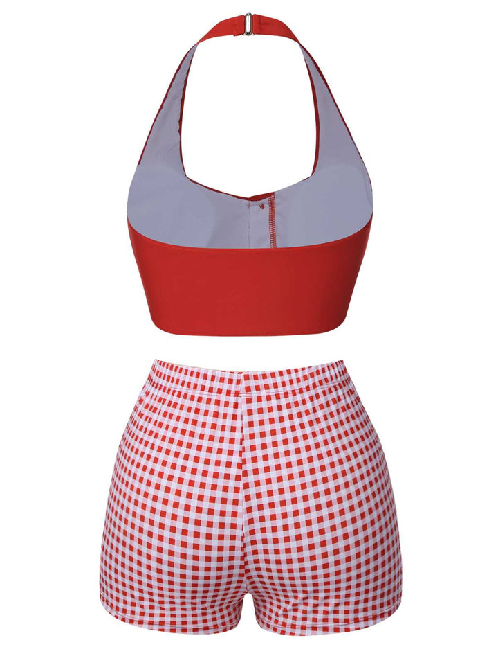 Red 1950s Halter Plaids Swimsuit — because 1950s glamour never goes out of style