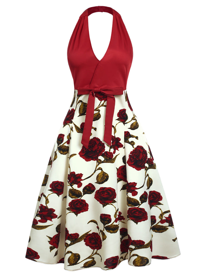 Red 1950s Halter Roses Bow Dress, vintage dress, retro fashion, rockabilly, pin-up fashion - perfect for women who love vintage and retro fashion
