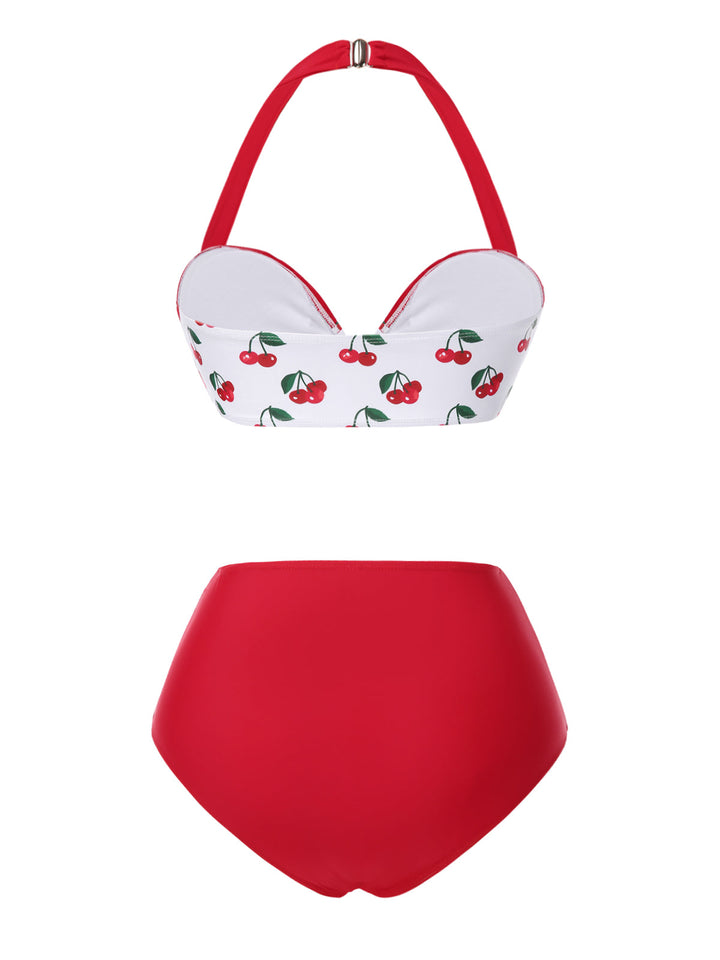 Red 1950s Halter Ruffle Cherry Bikini Set - vintage fashion, retro style, elegant red