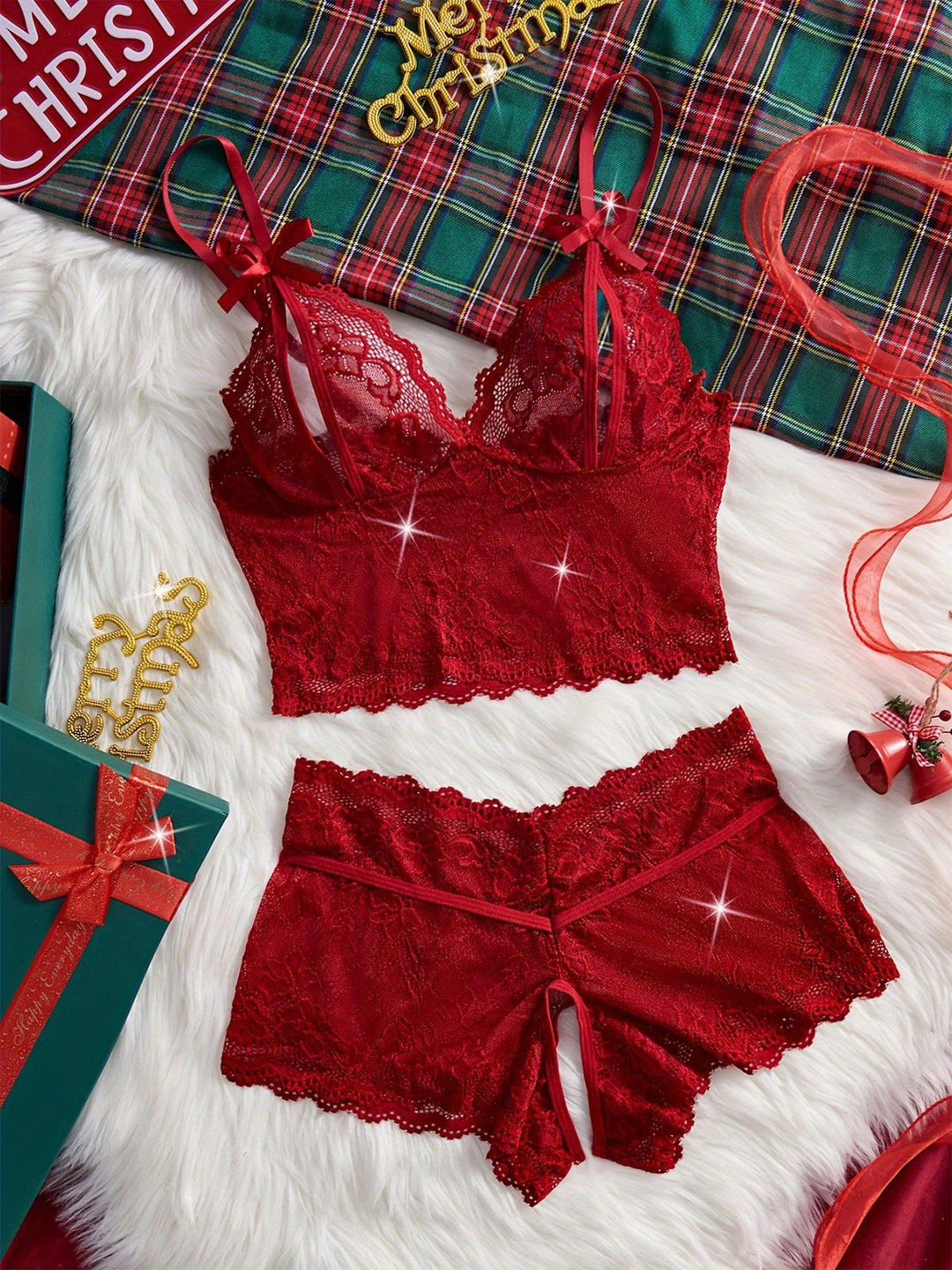 Red Lace Sheer Spaghetti Strap Sleepwear Set - vintage nightgown, retro sleepwear, elegant red