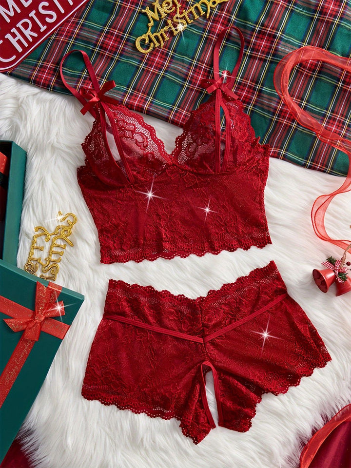Red Lace Sheer Spaghetti Strap Sleepwear Set - vintage nightgown, retro sleepwear, elegant red