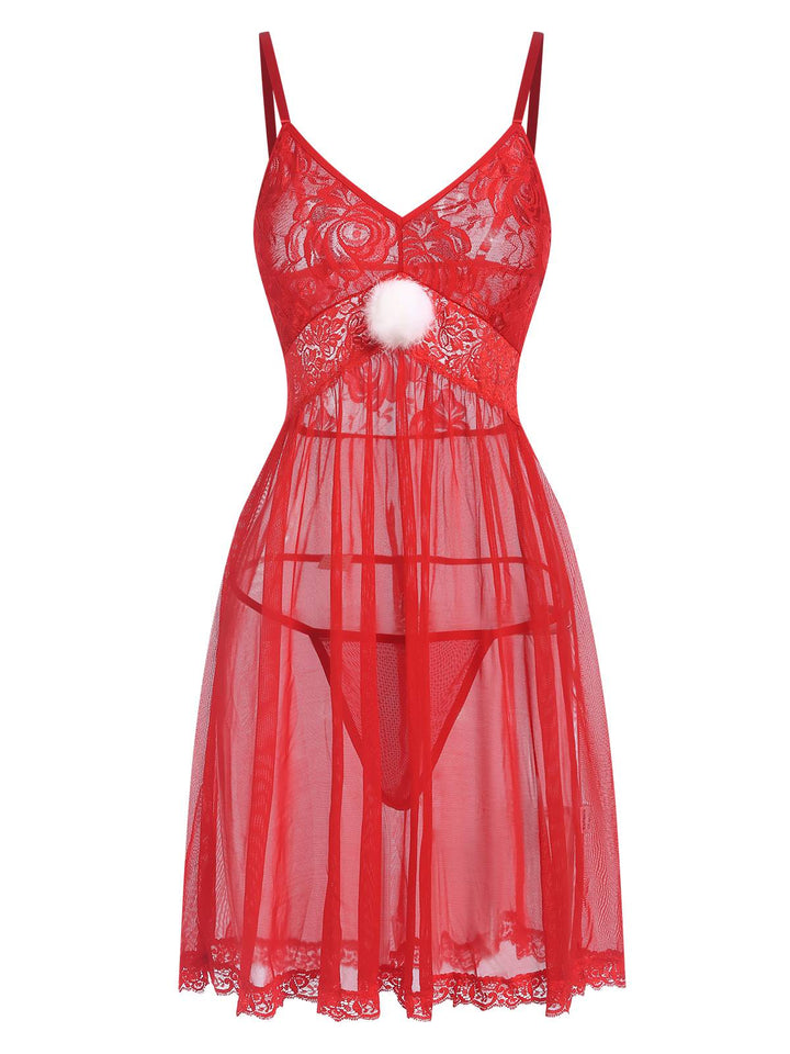 She slips into this Red Lace Sheer Straps Nightgown and suddenly it&
