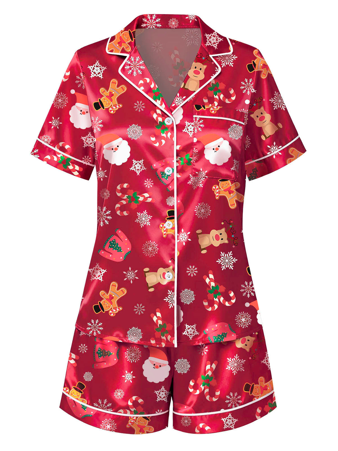 Red Lapel Christmas Print Pajama Set - vintage fashion, retro style, elegant red