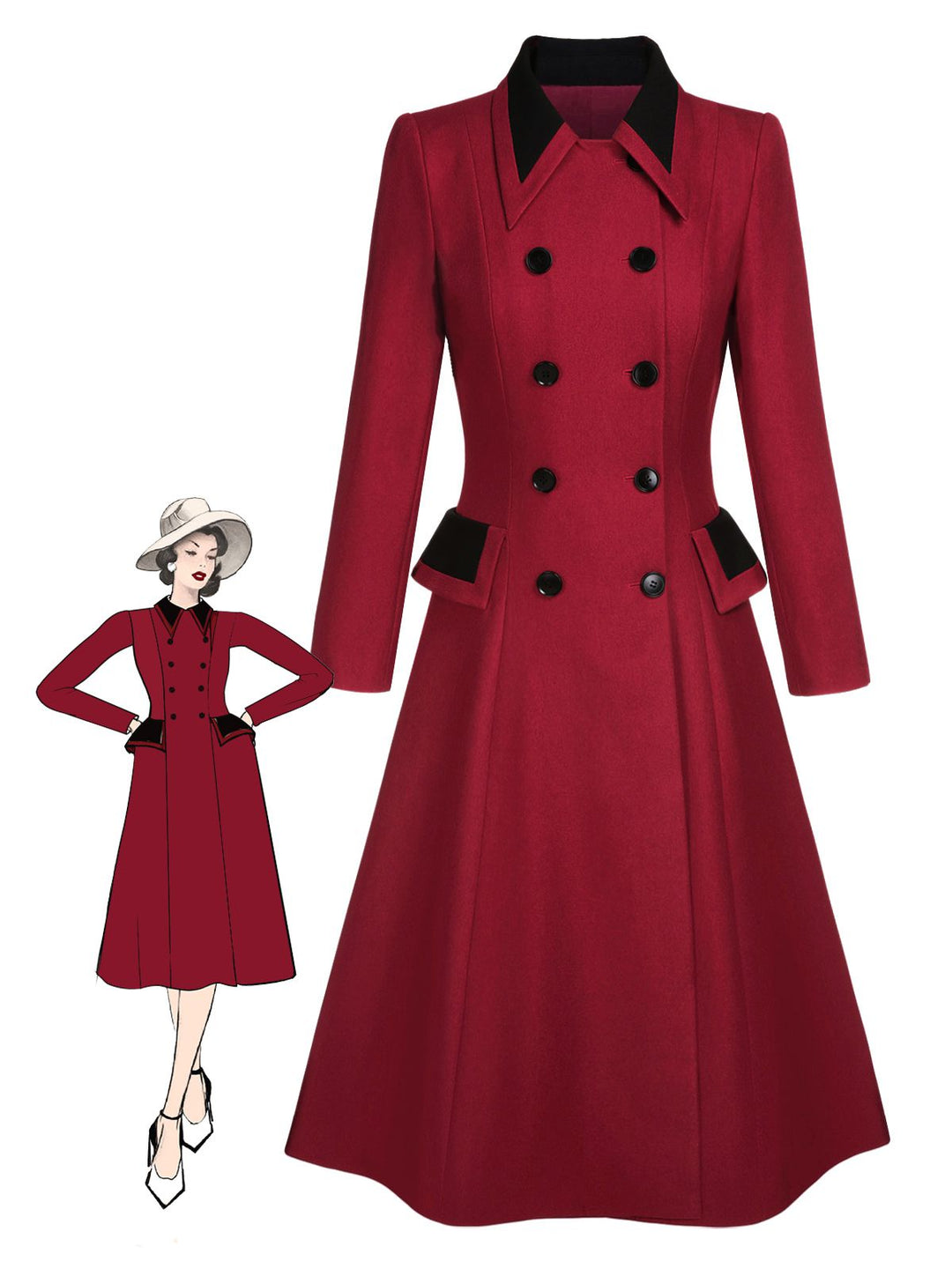 Red 1950s Lapel Double Breasted Coat - vintage fashion, style, elegant red