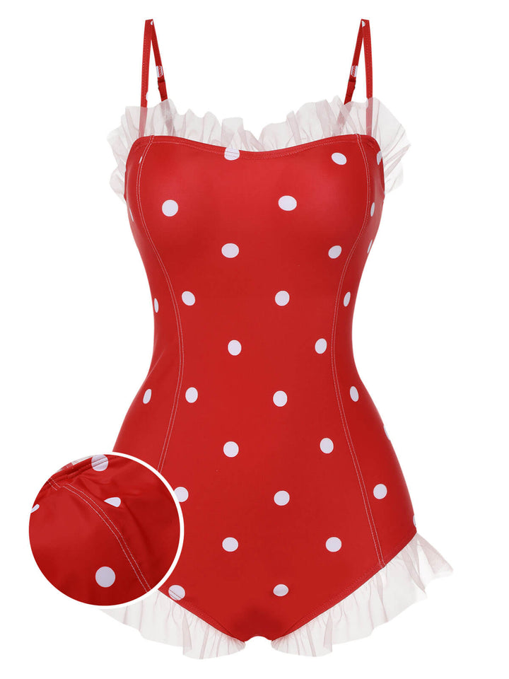 Red Mesh Polka Dot Swimsuit, vintage swimsuit, swimwear - perfect for women who love vintage and retro fashion