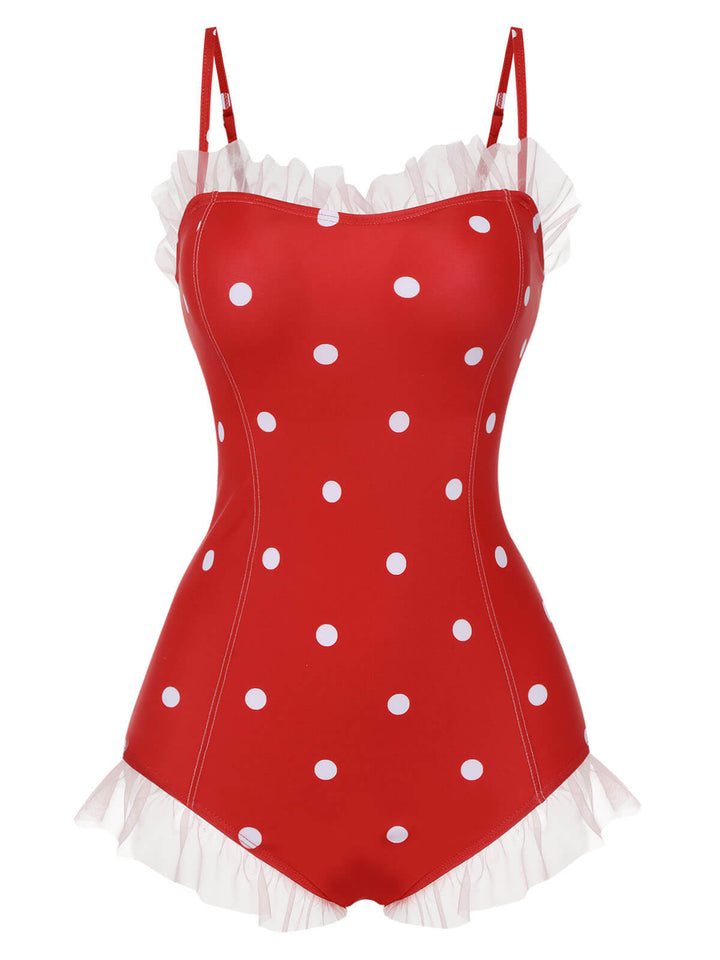 Red Mesh Polka Dot Swimsuit, vintage swimsuit, swimwear - perfect for women who love vintage and retro fashion