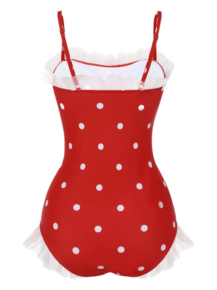Red Mesh Polka Dot Swimsuit, vintage swimsuit, swimwear - perfect for women who love vintage and retro fashion