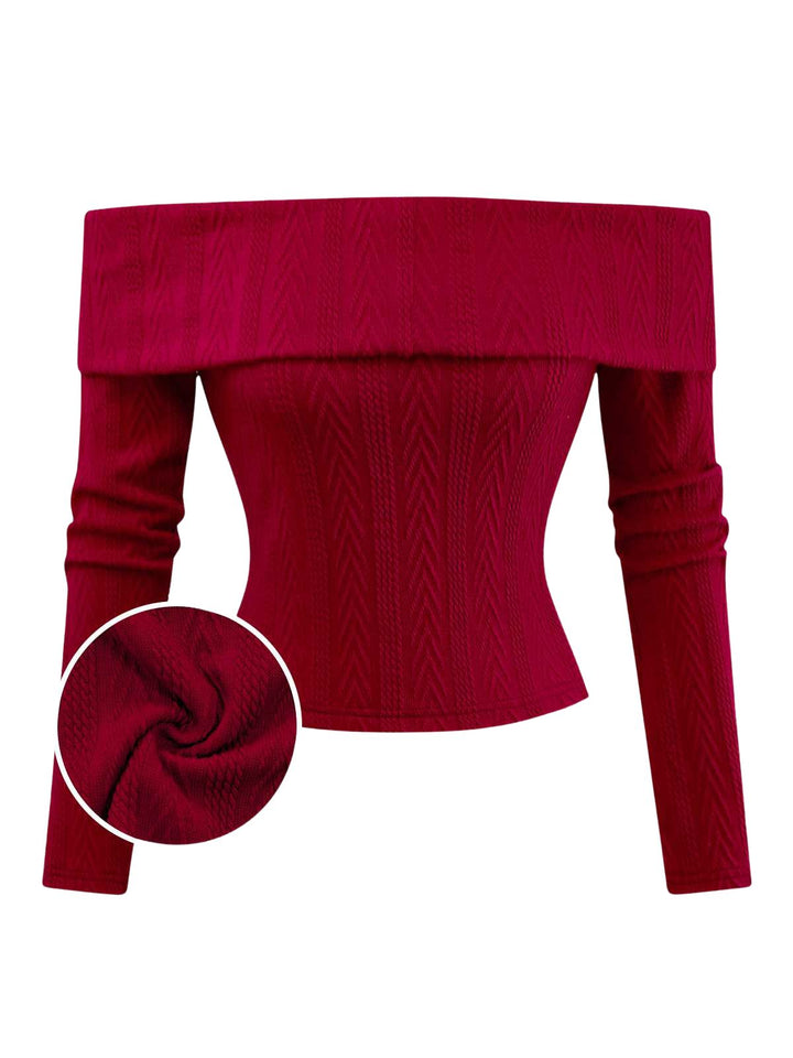 Red 1950s Off-Shoulder Knitted Sweater - vintage fashion, retro style, elegant red