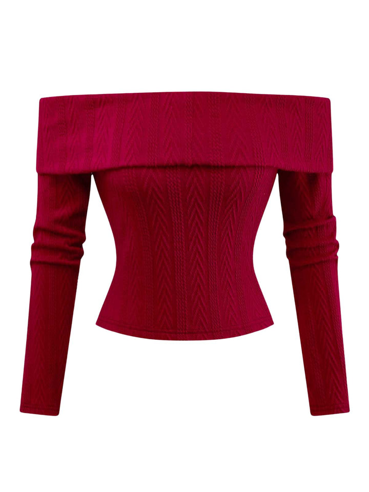 Red 1950s Off-Shoulder Knitted Sweater - vintage fashion, retro style, elegant red