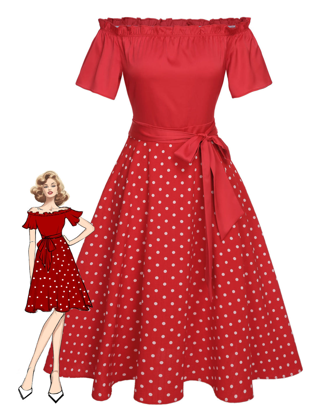Red 1950s Off-Shoulder Polka Dots Belted Dress, vintage dress, retro fashion, rockabilly, pin-up fashion - perfect for women who love vintage and retro fashion