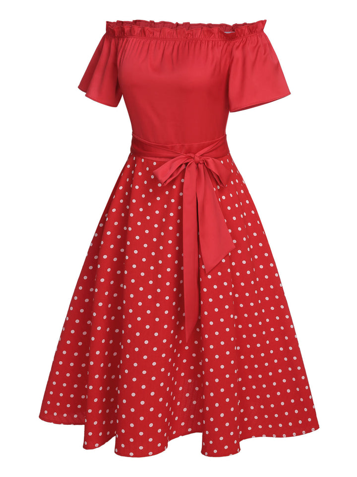 Red 1950s Off-Shoulder Polka Dots Belted Dress, vintage dress, retro fashion, rockabilly, pin-up fashion - perfect for women who love vintage and retro fashion