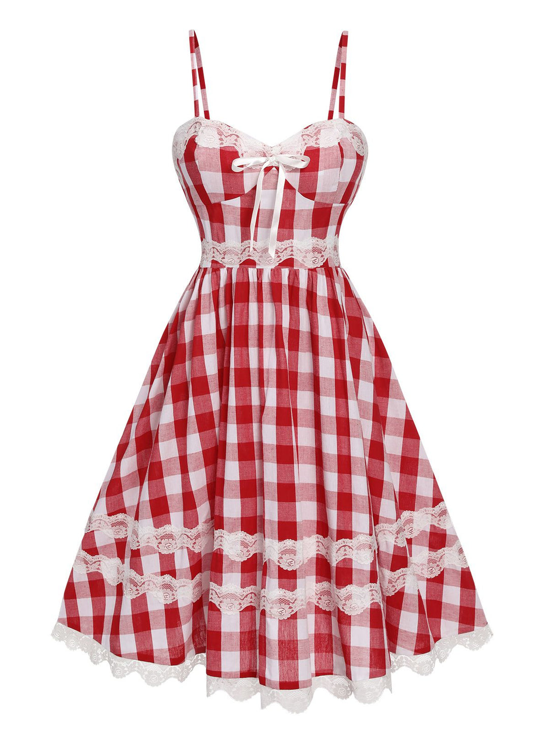 Red 1950s Plaid Lace Bow Strap Dress, vintage dress, fashion, rockabilly, pin-up fashion - perfect for women who love vintage and fashion
