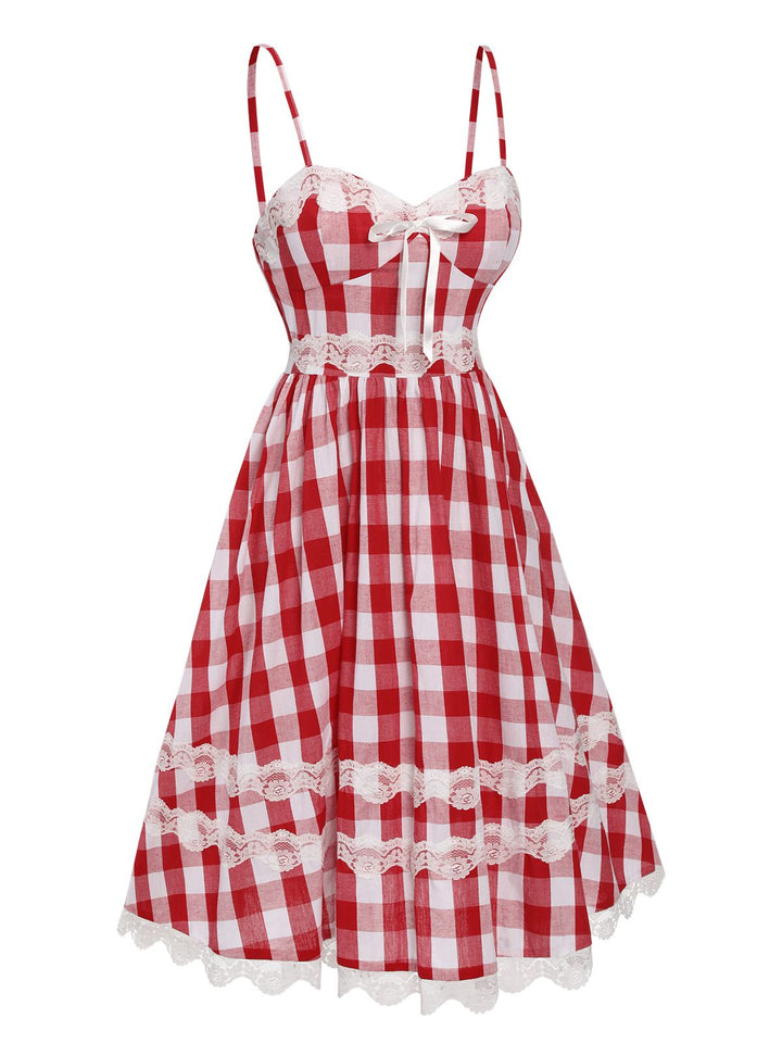 Red 1950s Plaid Lace Bow Strap Dress, vintage dress, fashion, rockabilly, pin-up fashion - perfect for women who love vintage and fashion