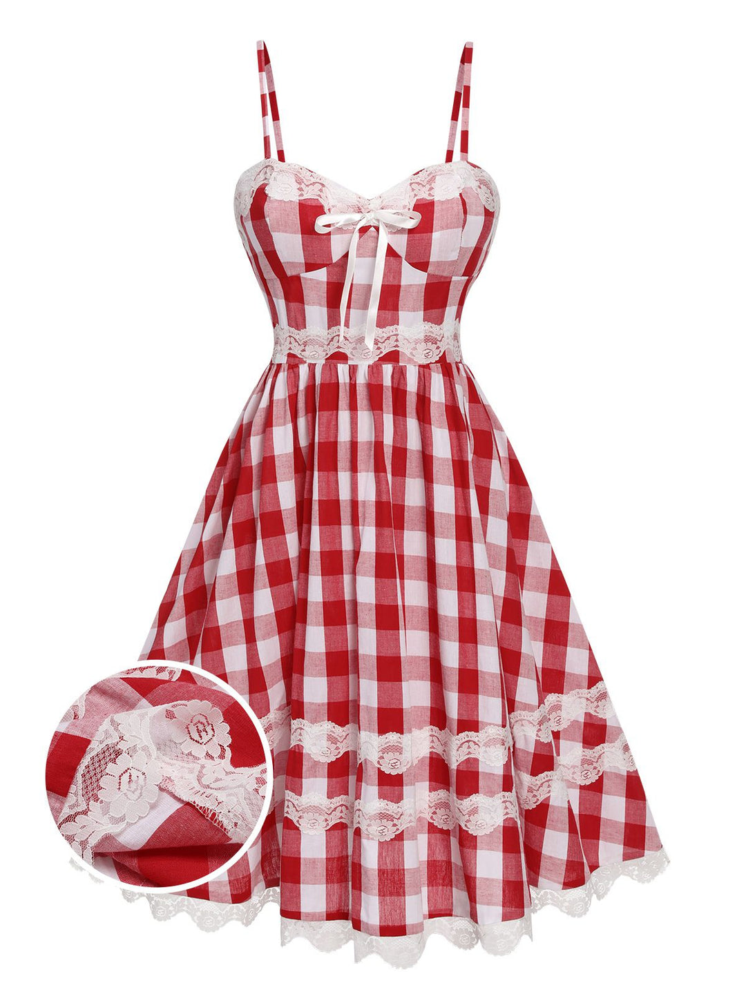 Red 1950s Plaid Lace Bow Strap Dress, vintage dress, fashion, rockabilly, pin-up fashion - perfect for women who love vintage and fashion