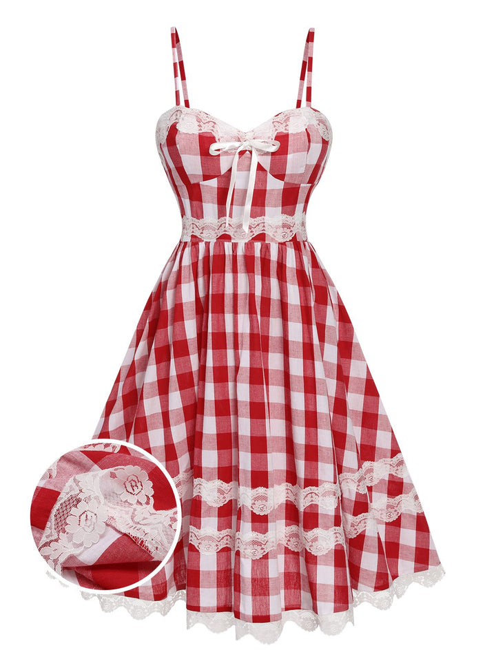 Red 1950s Plaid Lace Bow Strap Dress, vintage dress, fashion, rockabilly, pin-up fashion - perfect for women who love vintage and fashion