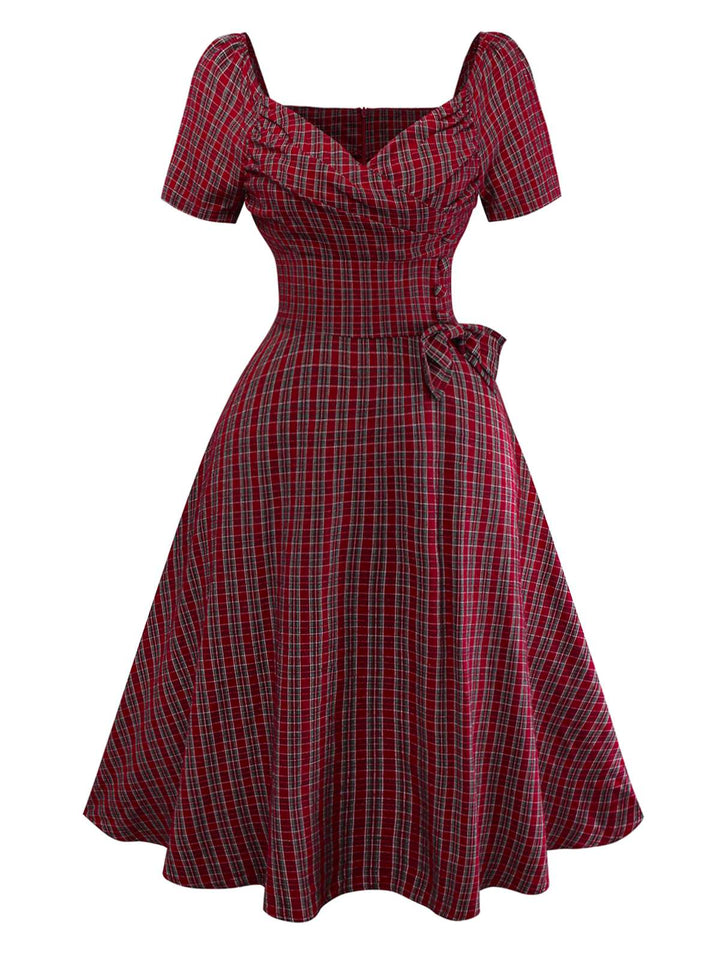 Red 1950s Plaid Ruched Sweetheart Neck Bow Dress - vintage dress, retro fashion, rockabilly