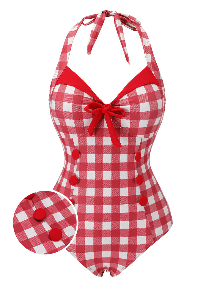 Red Plaids Added Bowknot Swimsuit, vintage swimsuit, swimwear - perfect for women who love vintage and retro fashion