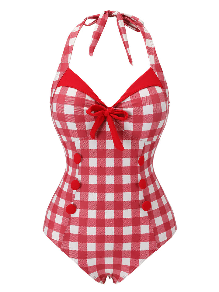Red Plaids Added Bowknot Swimsuit, vintage swimsuit, swimwear - perfect for women who love vintage and retro fashion