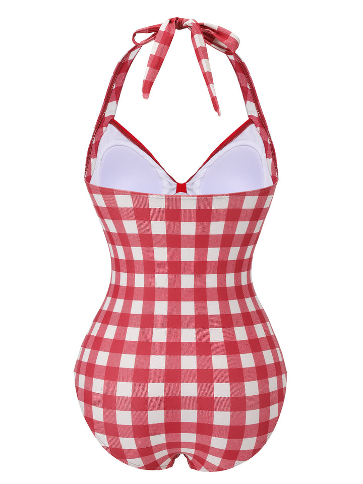 Red Plaids Added Bowknot Swimsuit, vintage swimsuit, swimwear - perfect for women who love vintage and retro fashion