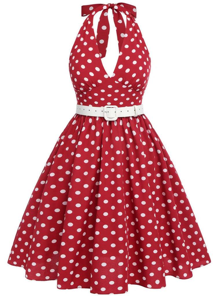 She slips into this Red 1950s Polka Dot Halter Dress and suddenly it&