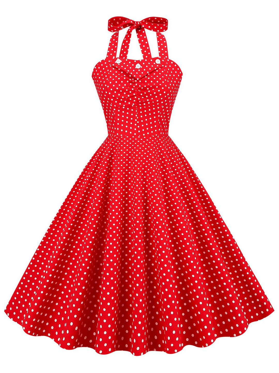 She slips into this Red 1950s Polka Dot Halter Swing Dress and suddenly it&