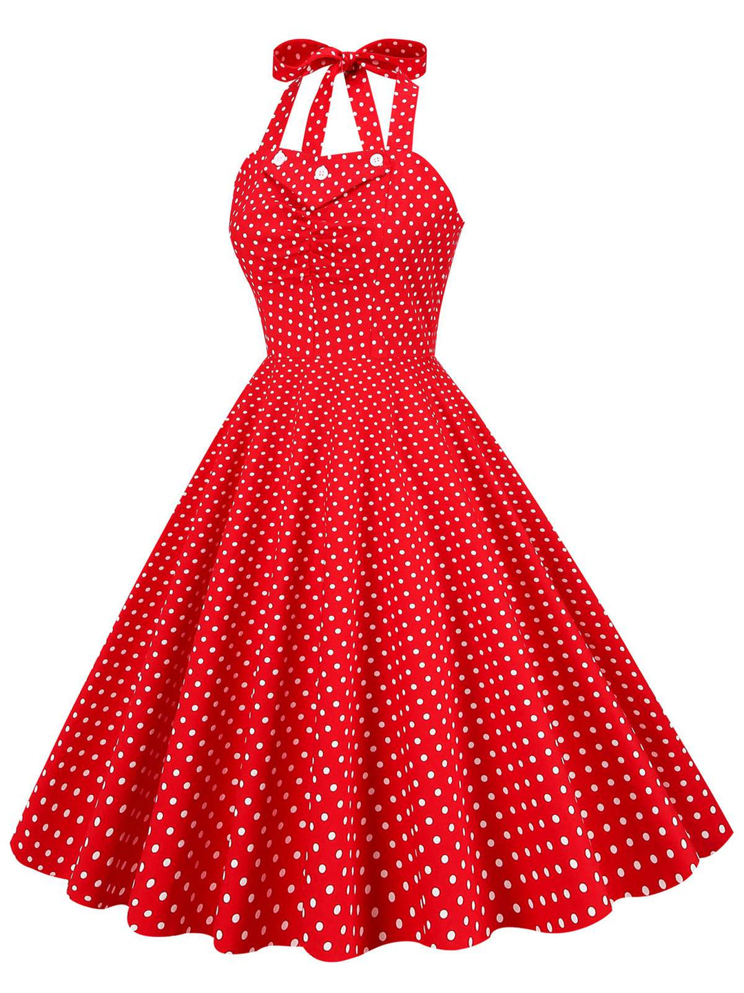 Red 1950s Polka Dot Halter Swing Dress: where 1950s romance meets her modern spirit