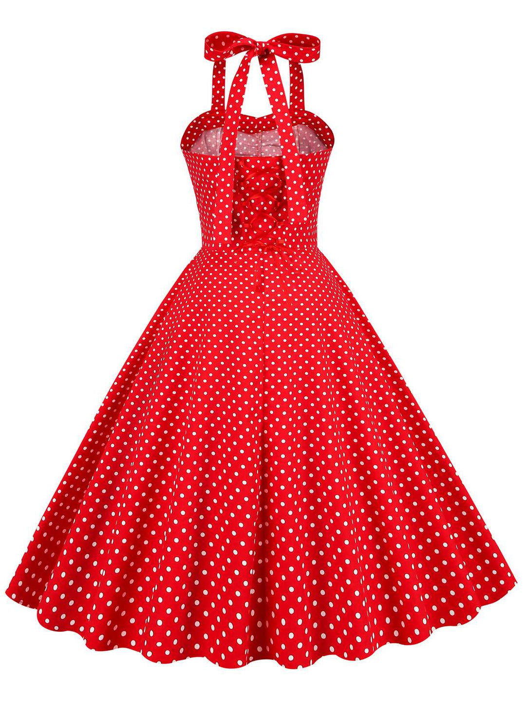This Red 1950s Polka Dot Halter Swing Dress wraps her in 1950s elegance, one twirl at a time