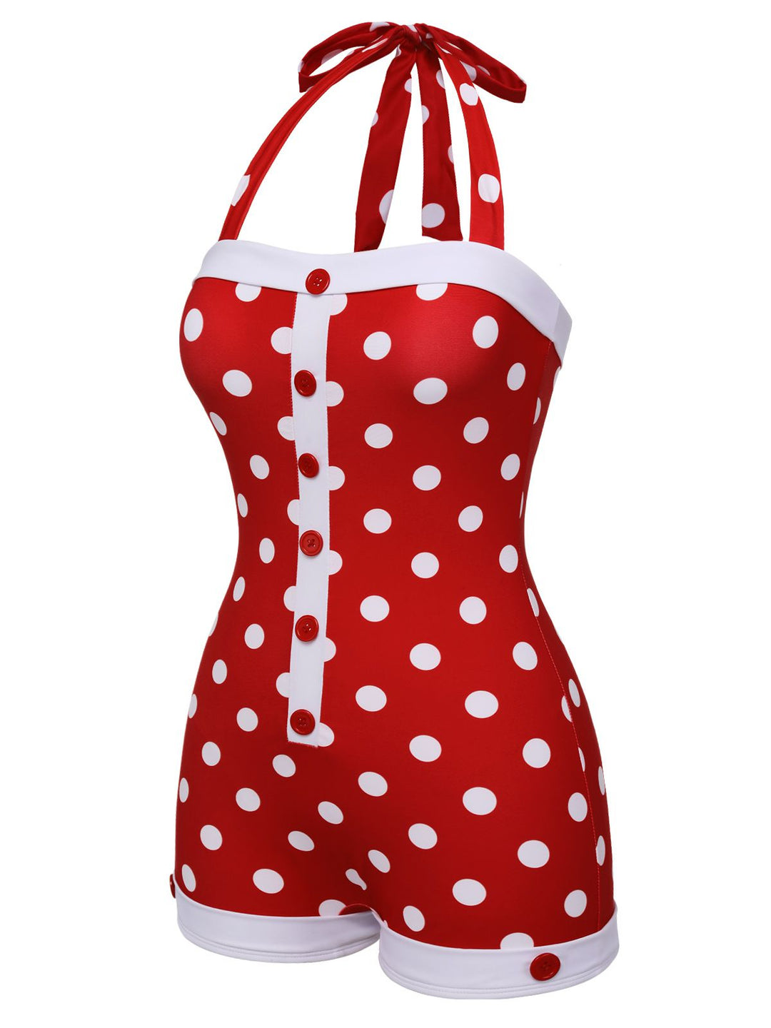 This Red 1950s Polka Dot Patchwork Halter Swimsuit carries 1950s vacation dreams in every stitch