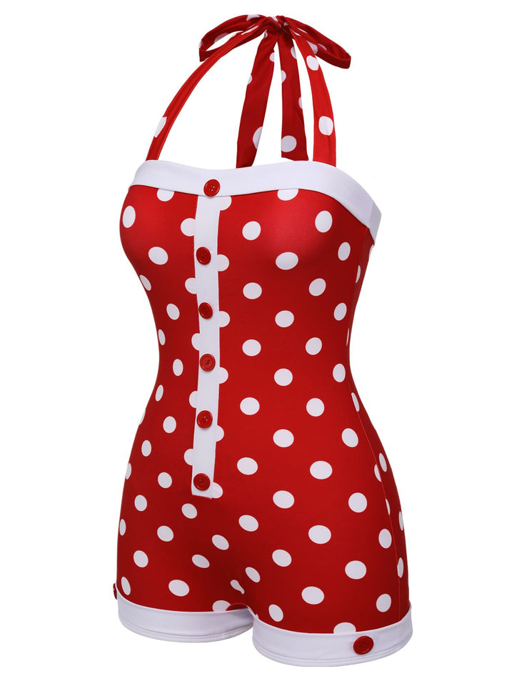 This Red 1950s Polka Dot Patchwork Halter Swimsuit carries 1950s vacation dreams in every stitch