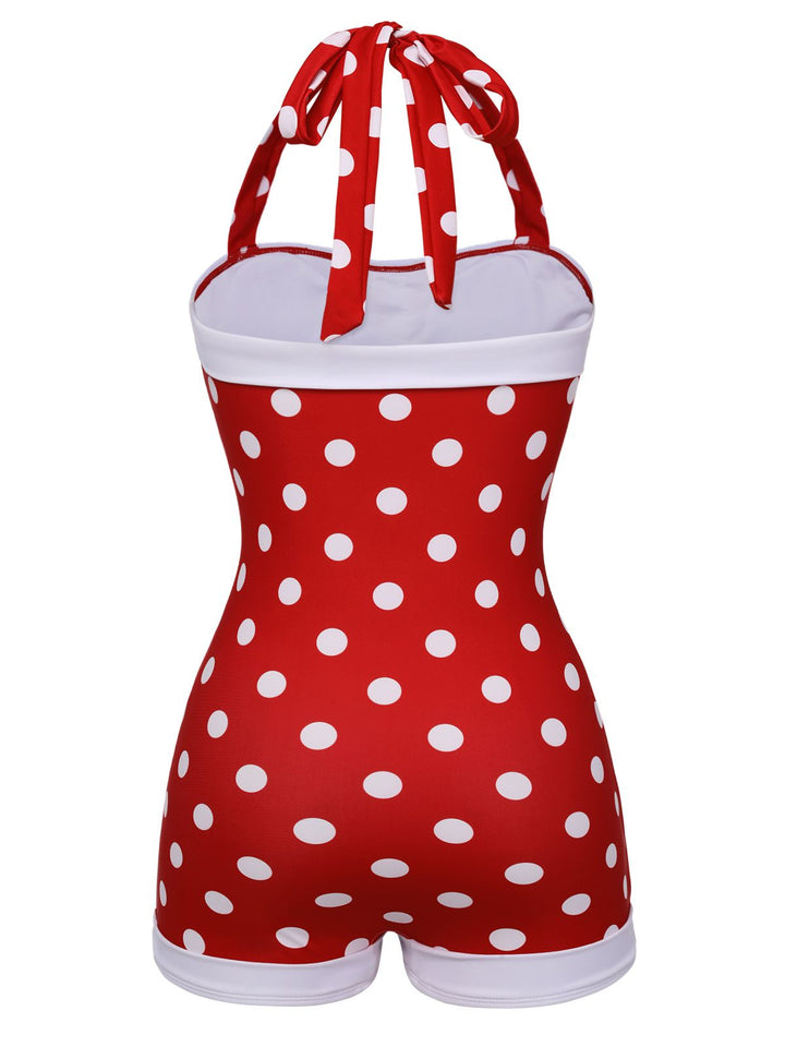 Red 1950s Polka Dot Patchwork Halter Swimsuit — because 1950s glamour never goes out of style