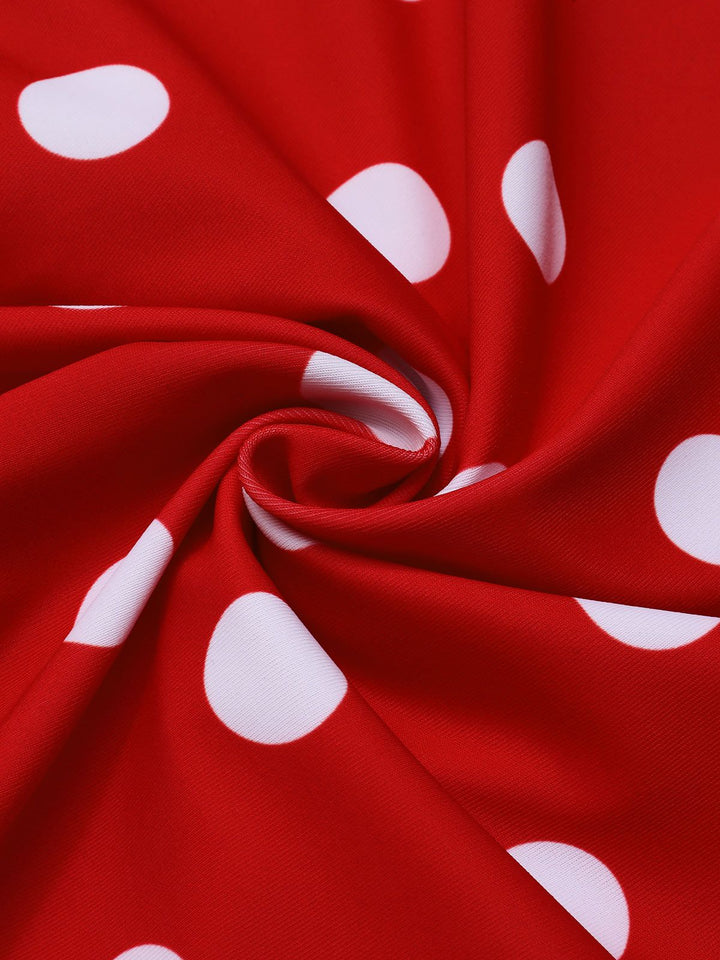 Red 1950s Polka Dot Patchwork Halter Swimsuit: 1950s Riviera elegance, reimagined for her