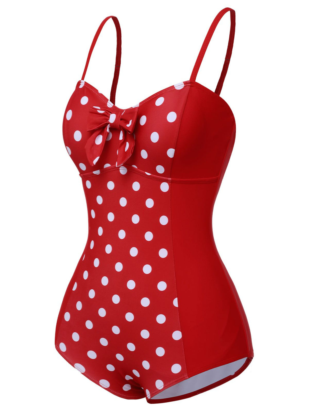 Red 1950s Polka Dot Patchwork Strap Swimsuit, vintage swimsuit, pin-up swimwear - perfect for women who love vintage and retro fashion