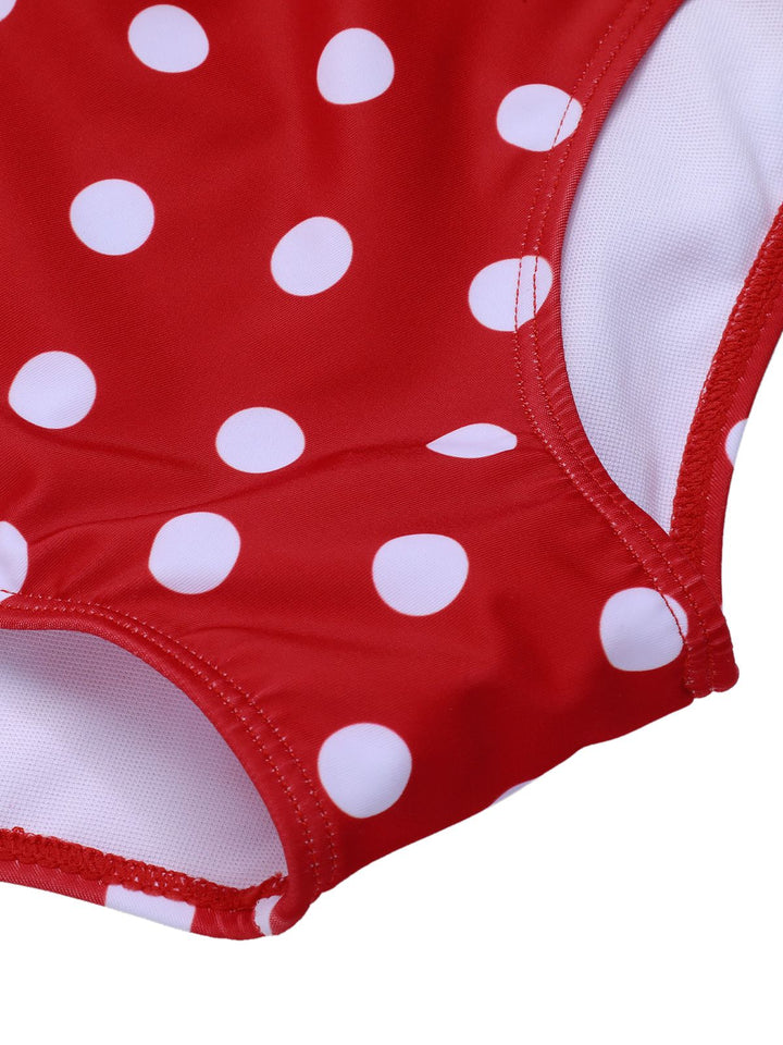 Red 1950s Polka Dot Patchwork Strap Swimsuit, vintage swimsuit, pin-up swimwear - perfect for women who love vintage and retro fashion