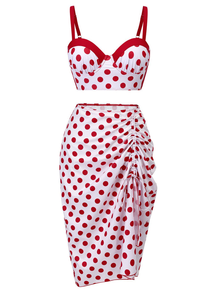 Red 1950s Polka Dot Pleated Swimsuit, vintage swimsuit, pin-up swimwear - perfect for women who love vintage and retro fashion