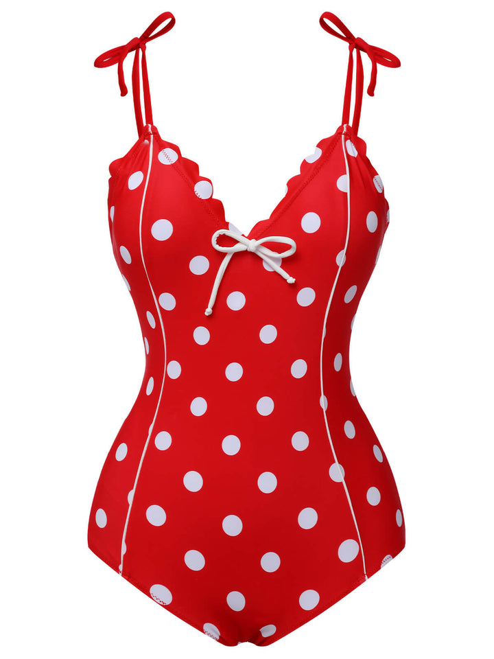 Red 1950s Polka Dot Shoulder Tie Swimsuit, vintage swimsuit, pin-up swimwear - perfect for women who love vintage and retro fashion