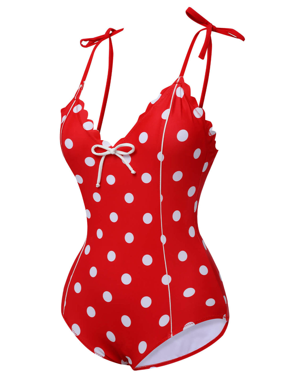 Red 1950s Polka Dot Shoulder Tie Swimsuit, vintage swimsuit, pin-up swimwear - perfect for women who love vintage and retro fashion